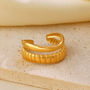 Minimalist double layer gold plated stainless steel open ring with corrugated texture