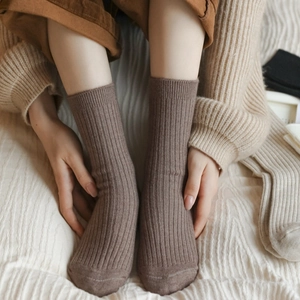 Detail of coffee brown ribbed knit crew socks showing thick texture and warm winter style