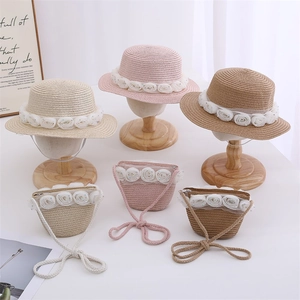 Kids Girls Straw Hat And Woven Bag Breathable Beach Sunshade Flat Top Lace Chiffon Rose Flowers Decor Princess Style