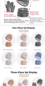 Detailed size specifications for winter knit hat, scarf and gloves set with dimensions