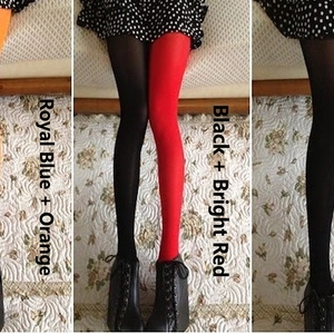 Collants bicolores asymétriques en velours pour femmes en bleu, orange et rouge