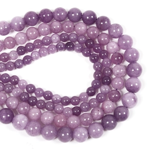 Natural purple lepidolite round beads in multiple sizes on a clean white background