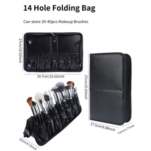 Detailed views of a 14-hole black folding makeup brush bag with dimensions and capacity