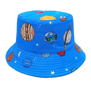 Detailed view of solar system planet prints on a navy blue cotton bucket hat