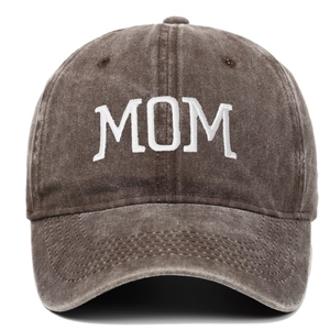 Detailed view of the MOM embroidery on the vintage washed cotton baseball cap texture