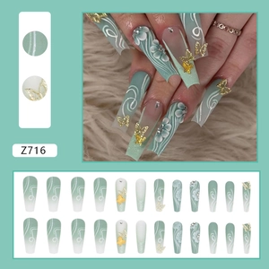 Long ballerina press-on nails with mint green gradient, 3D flowers and golden butterfly