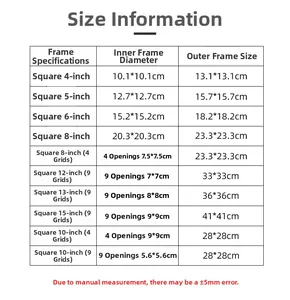 Detailed size chart for square oil painting frames in multiple grid configurations