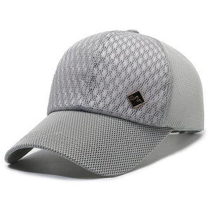 Breathable light grey mesh baseball cap with side metal emblem for outdoor sun protection