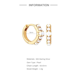 Detailed view of S925 sterling silver gold pearl hoop earrings with size specifications