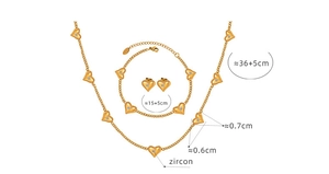 Detailed size chart for heart jewelry set with necklace, bracelet, and zircon earrings