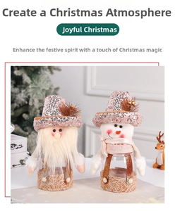 Close-up of Santa and Snowman candy jars with sequined hats and golden jacquard bases