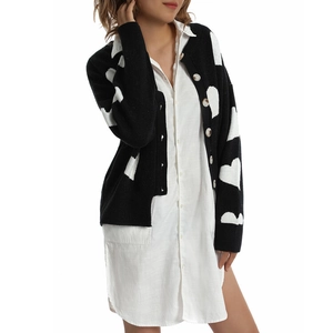 Detailed view of black knitted cardigan with white heart patterns and single-breasted buttons