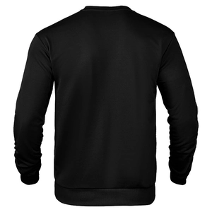 Detailed back view of a black crewneck sweatshirt with ribbed cuffs and hem on a mannequin