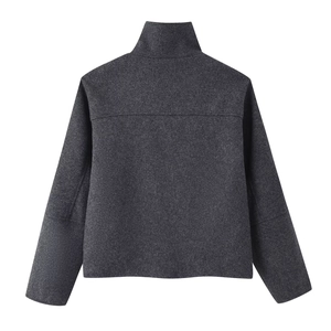 Flat lay back view of charcoal grey high-neck jacket with premium wool texture