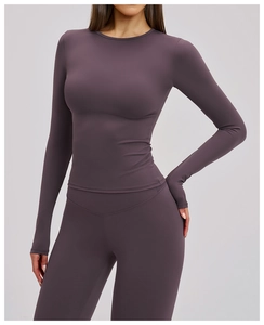 Close-up of long sleeve yoga top with high elastic brushed fabric and slim fit design