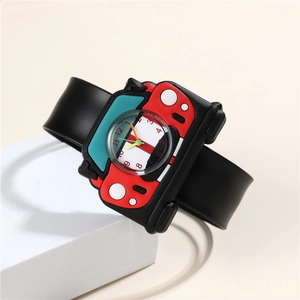 Kids slap watch with a red 3D cartoon car design and a flexible black silicone strap