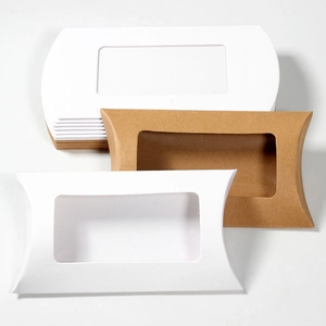 Pillow shaped kraft paper candy boxes with PVC window in white and natural brown