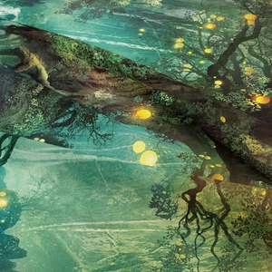 Close-up of fine fabric texture on magical forest tapestry with glowing fireflies
