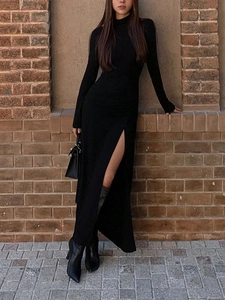 Ruched Side High Slit Maxi Dress For Women Long Sleeve Mock Neck Slim Fit Polyester Spandex Solid Color Urban Style