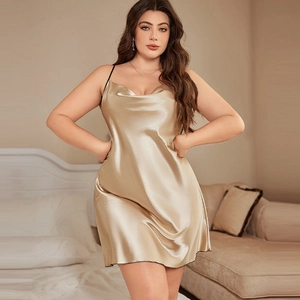 Champagne gold satin slip nightgown with draped cowl neck for a smooth silky look