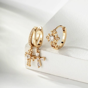 Vintage Cross Pendant Hoop Earrings Copper With Zircon Inlaid Gothic Style Gold Plated Huggie Ear Cuffs For Women