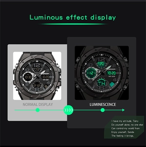 Vista dettagliata del quadrante SANDA con doppio display, lancette luminose e resistenza WR 50M