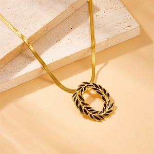 Retro gold leaf wreath pendant on a snake chain stainless steel necklace
