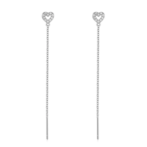 Detailed view of S925 silver long tassel earrings with sparkling heart-shaped zirconia