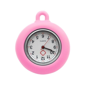 Pink silicone medical nurse fob watch with a white quartz dial and red cross heart logo
