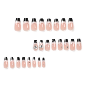 Black and pink gradient coffin press-on nails with silver stars and heart rhinestones