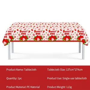 Pink strawberry party tablecloth 137x274cm PE material with Sweet One text print