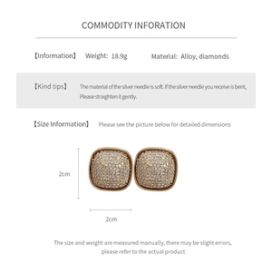 Detailed size information for square crystal stud earrings with gold alloy base and silver pins