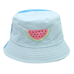 Detail of light blue cotton bucket hat featuring a watermelon slice print and neat stitching