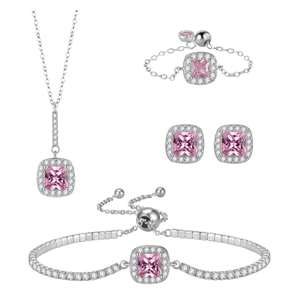 925 silver jewelry set with square pink gemstone necklace, ring, earrings and bracelet