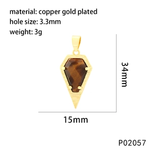 Copper gold plated tiger eye shield pendant with sparkling zircon micro-pave lobster clasp