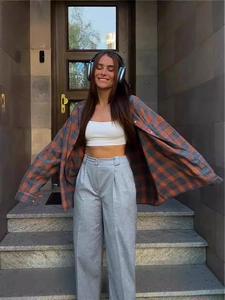 Chemise à carreaux ample vintage à manches longues et revers pour femme, style d'automne