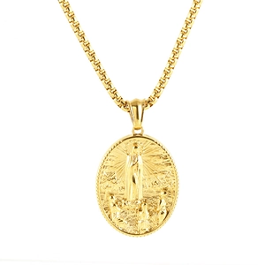 Virgin Mary Pendant Necklace 18K Gold Plated Stainless Steel Religious Oval Medallion Retro Elegant Jewelry For Women