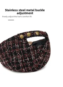 Detail of tweed newsboy cap with adjustable vintage gold buckle for a custom head size