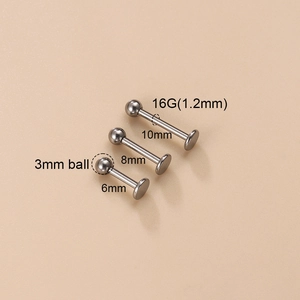 Three silver G23 titanium 16G piercing studs with 3mm balls in 6mm, 8mm, 10mm lengths