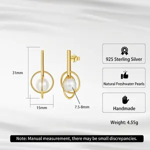 S925 sterling silver geometric hoop earrings with 18k gold plating and freshwater pearls