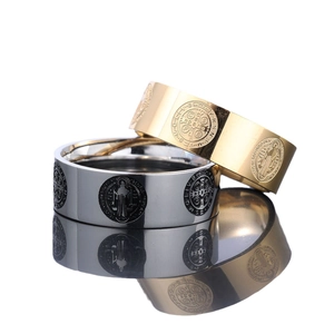 Polished stainless steel Saint Benedict cross rings in gold and silver finish