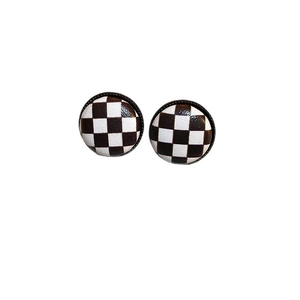 Classic checkered black and white geometric round earrings with leather texture and silver pins