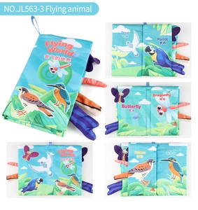 Detailed views of baby soft cloth book with 3D flying animal tails and bilingual labels