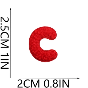 Detailed size view of red chenille embroidered letter C patch with dimensions 2.5x2cm