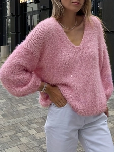 Ροζ oversized πλεκτό πουλόβερ με λαιμόκοψη V και αστραφτερές πούλιες για γυναίκες