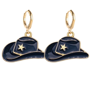 Boucles d'oreilles chapeau de cowboy bleu marine avec étoile dorée et finition émail