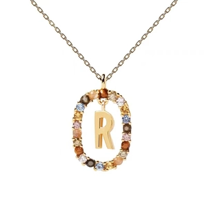 Gold letter R pendant necklace with multicolored cubic zirconia in oval frame