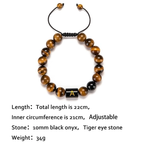 Tiger eye and black onyx beaded bracelet with gold letter A charm and adjustable cord