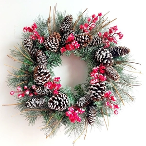 Christmas Wreath Artificial Snowy Pine Needle Cone Red Berry For Front Door Wall Holiday Decoration