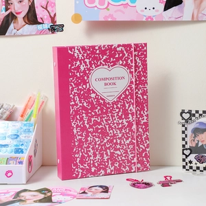 Pink stone pattern A5 binder album with heart logo on a cozy desk stationery background